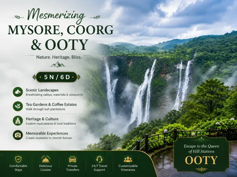 Yuven Travel's flyer for Mesmerizing Mysore Coorg and Ooty