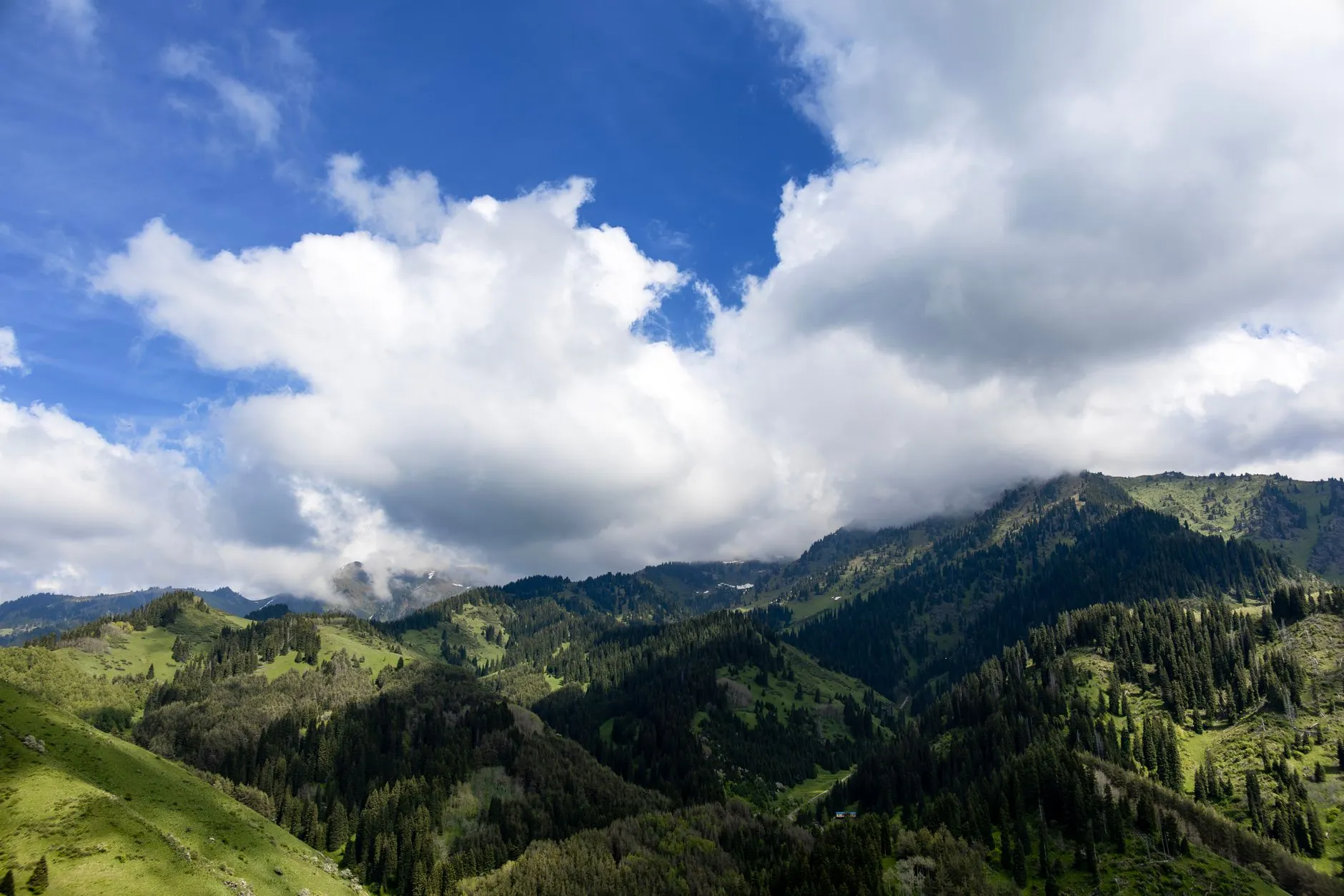 Breathtaking aerial view of lush green mountains under a bright blue sky in Almaty, Kazakhstan.