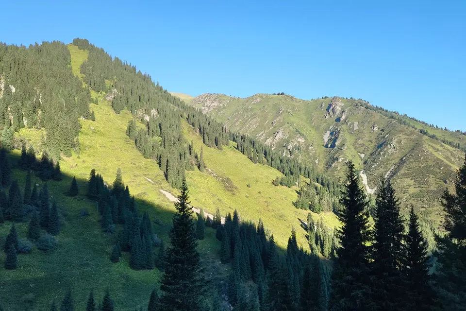 Breathtaking view of green mountains and blue sky in Almaty, Kazakhstan.