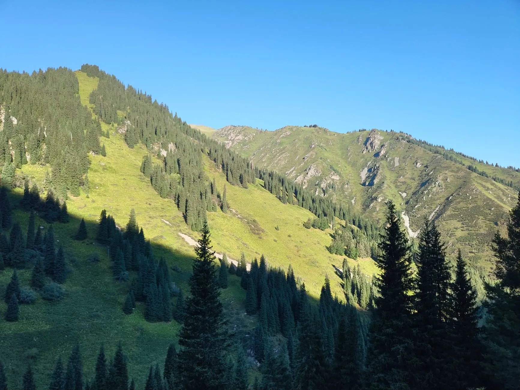 Breathtaking view of green mountains and blue sky in Almaty, Kazakhstan.