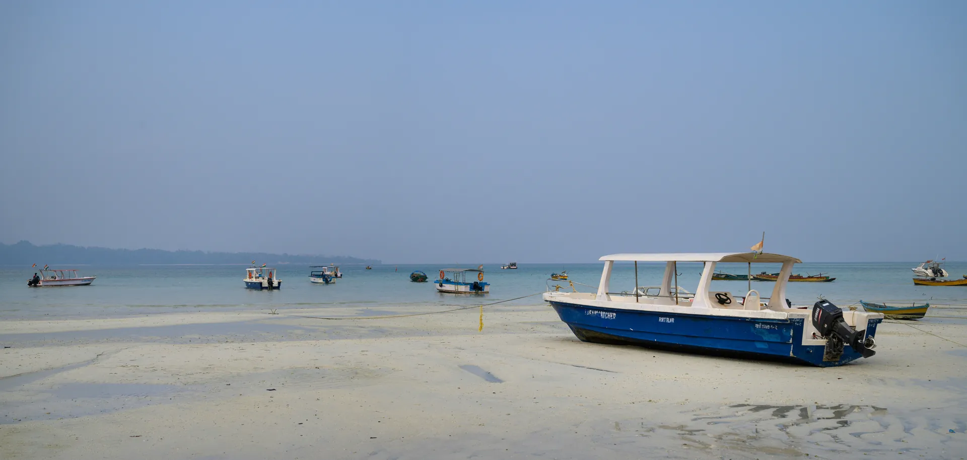 A blue and white boat sitting on top of a sandy beach.